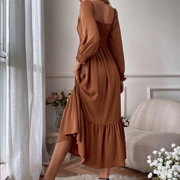 Boho brown shirted ruffle hem flounce sleeve maxi dress - Picture 4 of 14
